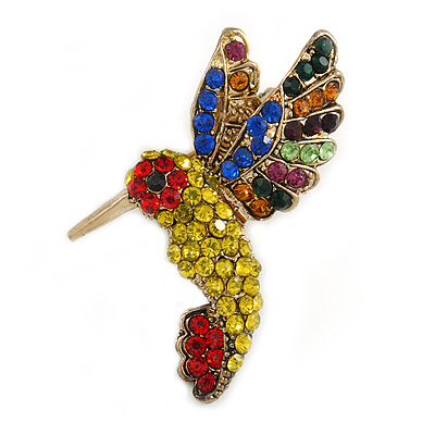 Small Multicoloured Crystal Hummingbird Brooch In Gold Tone - 40mm Tall - main view