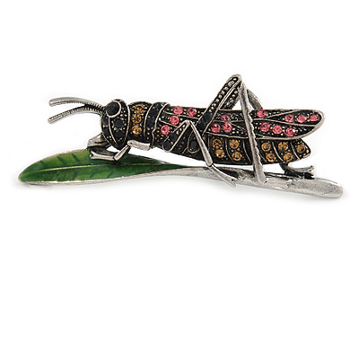 Vintage Inspired Pink/ Citrine Crystal Locust/ Grasshopper Brooch In Pewter Tone Metal - 70mm Across - main view