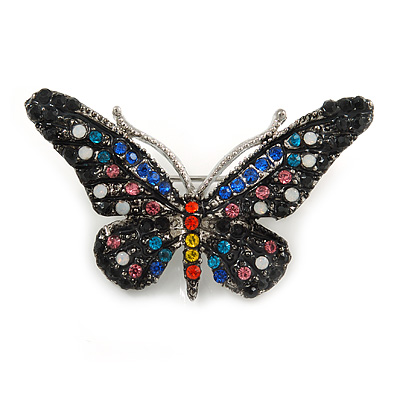Small Multicoloured Crystal Butterfly Brooch In Silver Tone - 42mm Across
