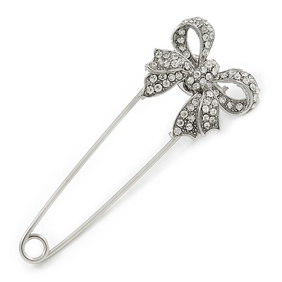 Silver Plated Clear Crystal Safety Pin Brooch With Bow Motif - 75mm L - main view