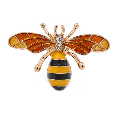 Small Funky Yellow/ Black/ Orange Bee Brooch In Gold Tone - 35mm Wide