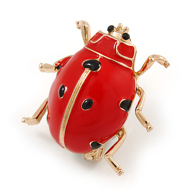 Red/ Black Enamel Ladybug Brooch In Gold Tone Metal - 30mm Tall