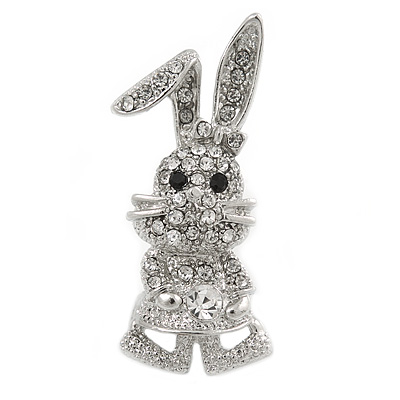 Silver Tone, Crystal Dancing Bunny Brooch - 45mm Tall