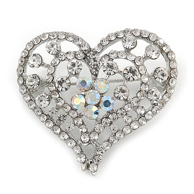 Clear/ Ab Crystal Heart Brooch In Silver Tone - 35mm Tall