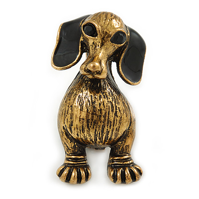Vintage Inspired Dachshund Dog Brooch In Antique Gold Tone - 33mm Tall