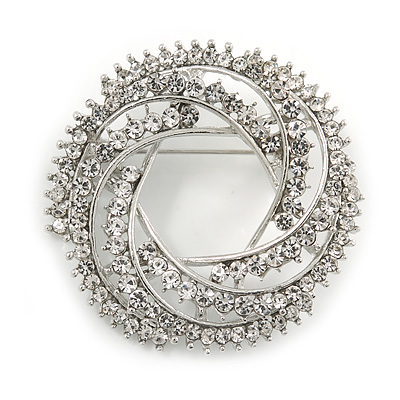 Clear Crystal Wreath Brooch In Silver Tone - 40mm Diameter