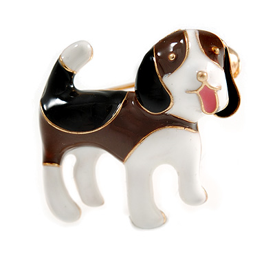 Brown/ Black/ White Enamel Beagle Puppy Dog Brooch In Gold Tone - 30mm Across