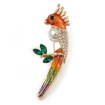 Multicoloured Enamel, Crystal Parrot Bird Brooch In Gold Tone Metal - 70mm Tall - main view