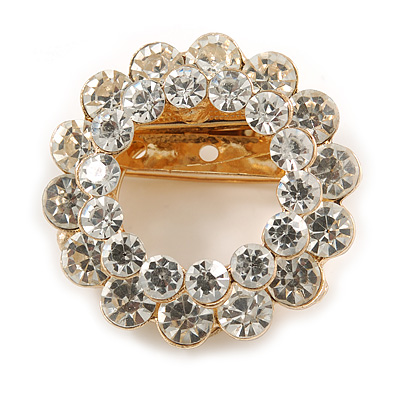Clear Crystal Round Scarf Brooch In Gold Tone Metal - 40mm D