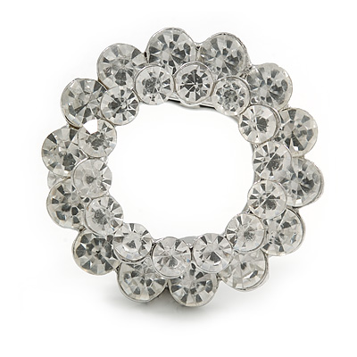Clear Crystal Round Scarf Brooch In Silver Tone Metal - 40mm D