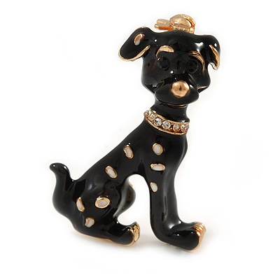 Gold Tone Black/ White Enamel Dalmatian Puppy Dog Brooch - 40mm Tall