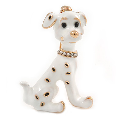 Gold Tone White/ Black Enamel Dalmatian Puppy Dog Brooch - 40mm Tall