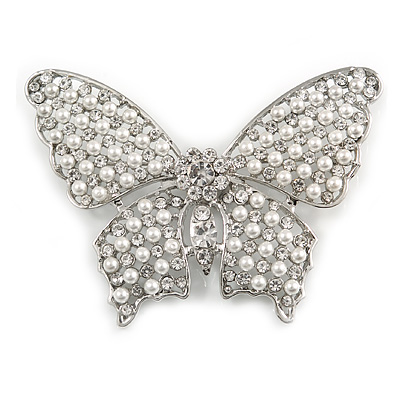 Large Faux Glass Pearl, Clear Crystal Butterfly Brooch In Rhodium Plating - 70mm Across