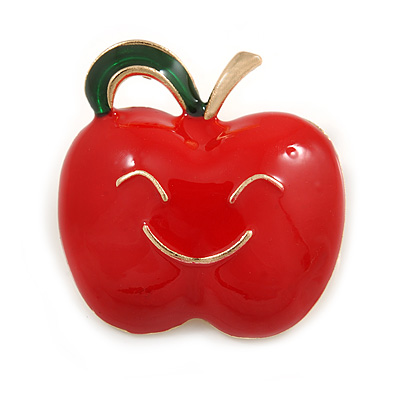 Red/ Green Enamel Smiling Apple Brooch In Gold Tone - 30mm Across
