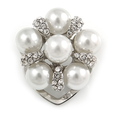Diamante Faux Pearl Flower Scarf Pin/ Brooch In Silver Tone - 30mm D