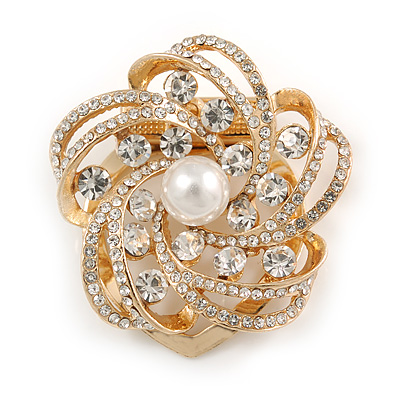 Diamante Faux Pearl Flower Scarf Pin/ Brooch In Gold Tone - 35mm D