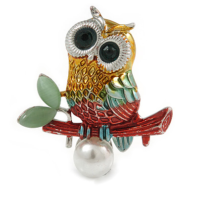 Multicoloured Owl Brooch In Silver Tone - 40mm Tall