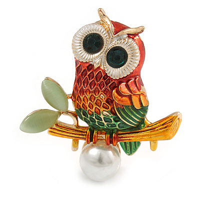 Multicoloured Owl  Brooch In Gold Tone - 40mm Tall