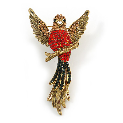Vintage Inspired Exotic Crystal Bird Brooch In Aged Gold Tone Metal - 70mm Tall