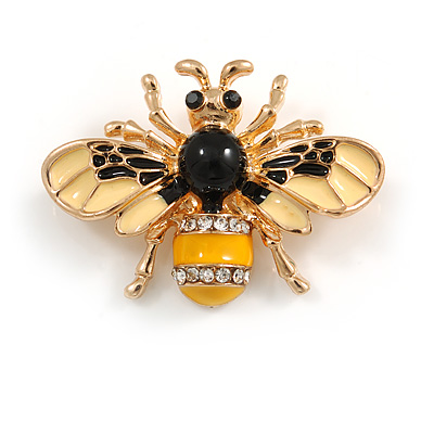 Adorable Black/ Yellow Enamel Crystal Bee Brooch In Gold Tone - 35mm Across