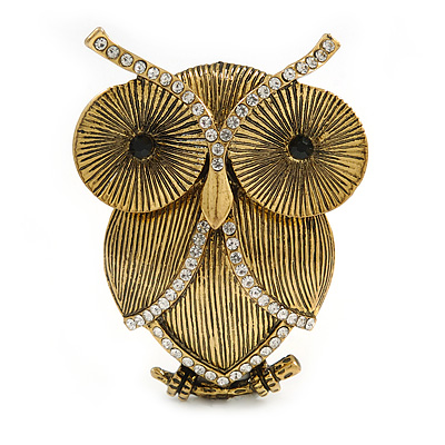 Vintage Inspired Crystal Textured Owl Brooch In Aged Gold Tone - 50mm Tall
