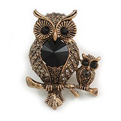 Vintage Inspired Mother and Baby Owl Crystal Brooch In Antique Gold Tone - 50mm Tall