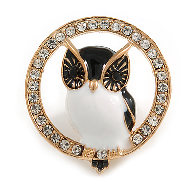 Adorable Black/ White Enamel Owl In The Crystal Circle Brooch In Gold Tone Metal - 35mm Diameter