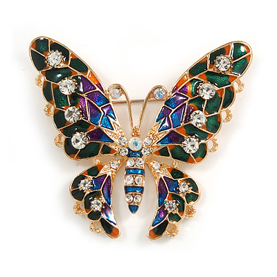 Multicoloured Enamel Crystal Butterfly Brooch In Gold Tone Metal - 55mm Across