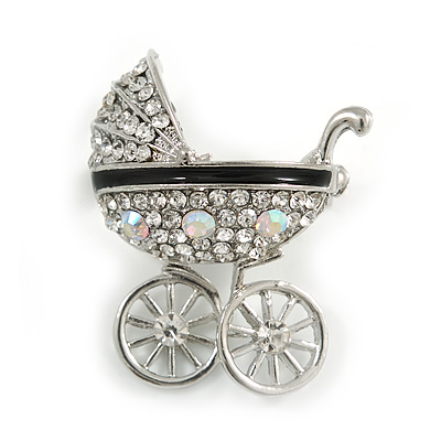 Clear and AB Crystal Pram Brooch Baby's Pram Carriage in Silver Tone Metal - 35mm Tall