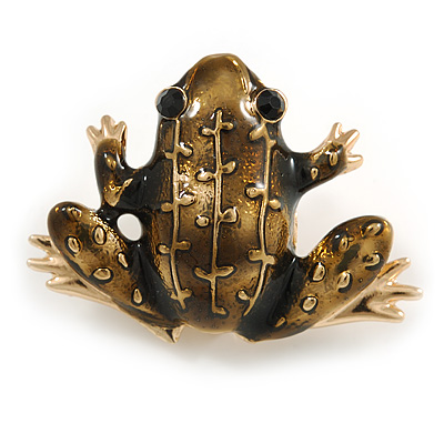 Funky Dark Olive Enamel Frog Brooch In Gold Tone Metal - 40mm Across