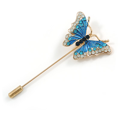 Gold Tone Blue/ Milky White Enamel Crystal Butterfly Lapel, Hat, Suit, Tuxedo, Collar, Scarf, Coat Stick Brooch Pin - 63mm Long - main view
