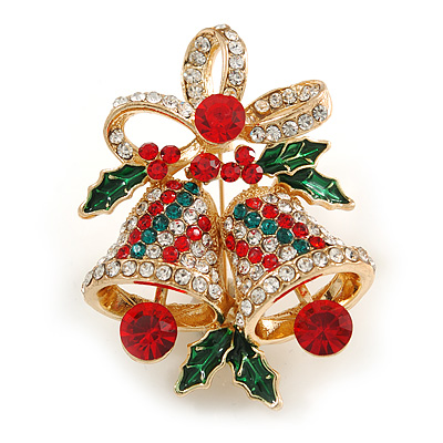 Christmas Crystal Jingle Bells Brooch In Gold Tone Metal (Red/ Green/ Clear) - 50mm Tall