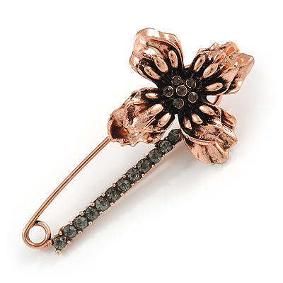 Large Vintage Inspired Dim Grey Crystal Flower Safety Pin Brooch In Copper Tone - 70mm Across - main view