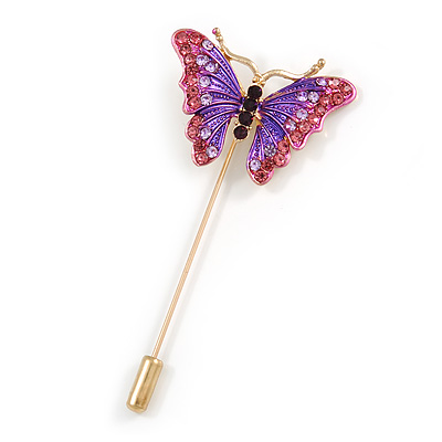 Gold Tone Pink/ Purple Enamel Crystal Butterfly Lapel, Hat, Suit, Tuxedo, Collar, Scarf, Coat Stick Brooch Pin - 63mm Long - main view