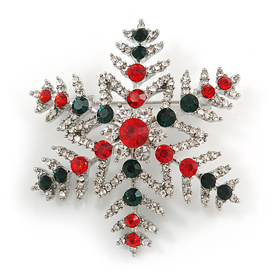 Christmas Crystal Snowflake Brooch In Silver Tone Metal (Red/ Green/ Clear) - 50mm Across
