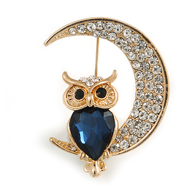 Blue/ Clear Crystal Owl On The Moon Brooch In Gold Tone Metal - 35mm Tall
