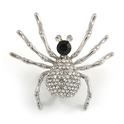 Sparkling Crystal Spider Brooch In Silver Tone Metal (Clear/ Black) - 40mm Tall