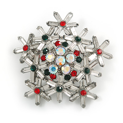 Christmas Crystal Snowflake Brooch In Silver Tone Metal (Red/ Green/ AB/ Clear) - 45mm Across