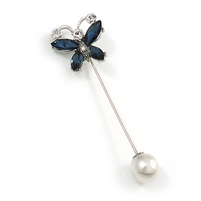 Small Midnight Blue/ Clear Crystal Butterfly with Pearl Bead Lapel, Hat, Suit, Tuxedo, Collar, Scarf, Coat Stick Brooch Pin in Silver Tone - 60mm L