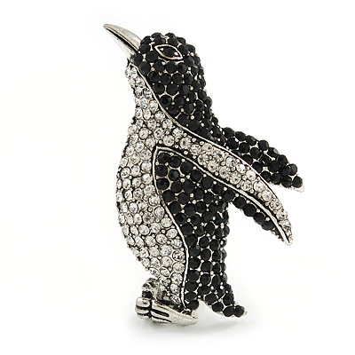 Black/ Clear Crystal Penguin Brooch In Aged Silver Tone Metal - 50mm Tall - main view