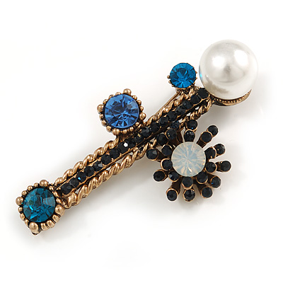 Vintage Inspired Crystal Pearl Fancy Brooch In Aged Gold Tone Metal (Blue/ Black/ White) - 65mm Across - main view