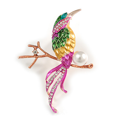 Exotic Multicoloured Enamel Crystal Bird Brooch In Gold Tone Metal - 65mm Tall