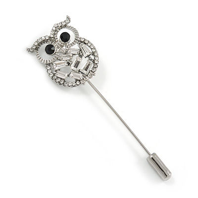 Silver Tone Clear Crystal Owl Lapel, Hat, Suit, Tuxedo, Collar, Scarf, Coat Stick Brooch Pin - 65mm L
