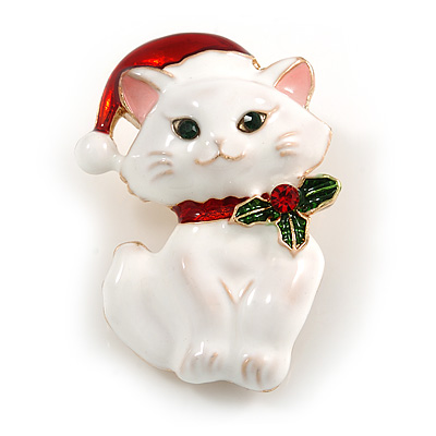 Xmas Christmas White Enamel Cat Kitty Brooch In Gold Tone - 40mm Tall