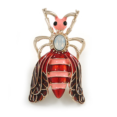 Funky Red/ Pink Enamel Moth Brooch In Gold Tone - 50mm Tall