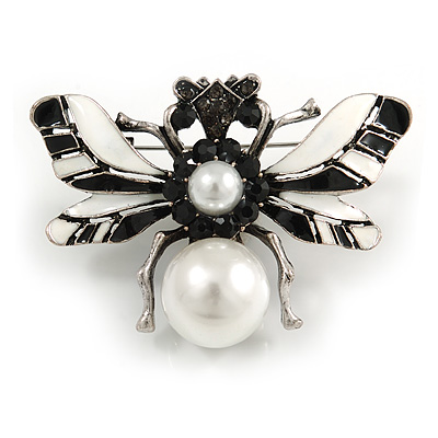 Striking Enamel Crystal, Pearl Bead Bumble Bee Brooch In Silver Tone Metal (Black/ White) - 55mm Across