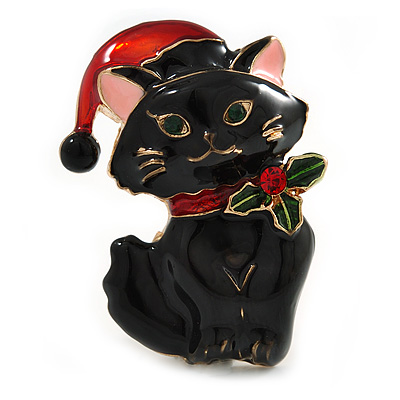 Xmas Christmas Black Enamel Cat Kitty Brooch In Gold Tone - 40mm Tall