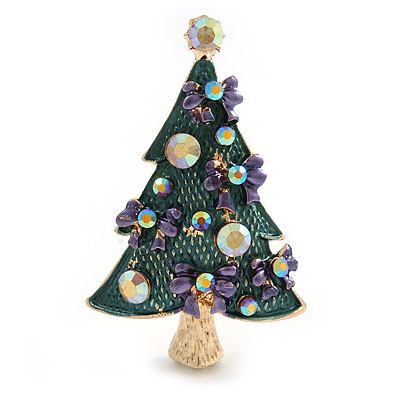 Green Enamel Crystal Christmas Tree with Purple Bows In Gold Tone Metal - 52mm Tall