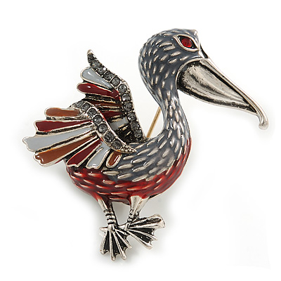 Red/ Grey Enamel Pelican Bird Brooch In Silver Tone Metal - 43mm Across