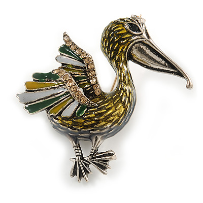 Olive/ Green/ Grey Enamel Pelican Bird Brooch In Aged Silver Tone Metal - 43mm Across
